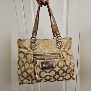 Coach Poppy Metallic Gold Signature Tote Bag W/ 2 Round Metal Zipper Pulls!!
